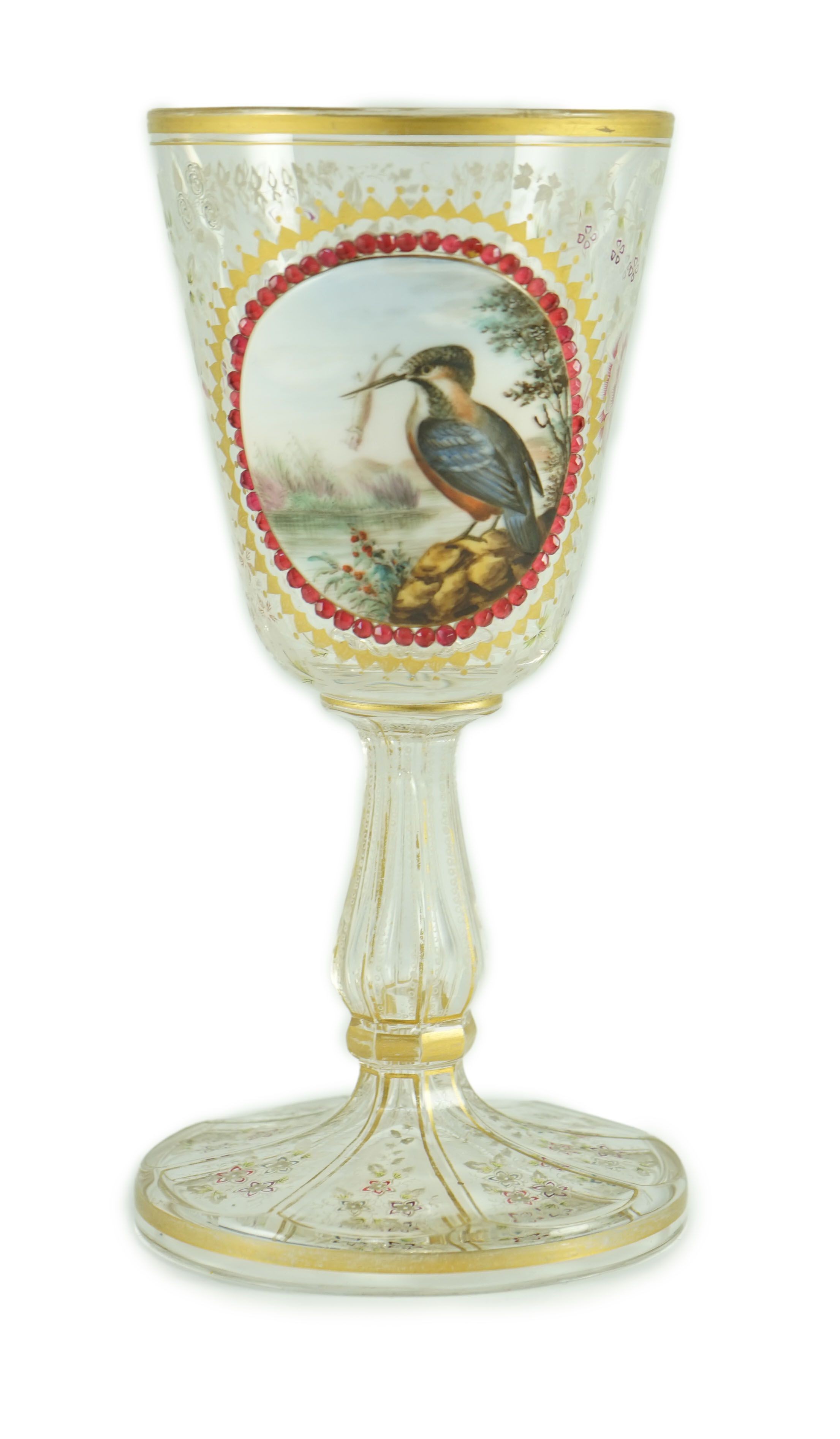 A Bohemian enamelled glass ‘Kingfisher’ goblet, late 19th century, 19.5 cm high
